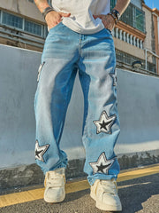 Threebooy American Retro Letter and Star Embroidered Jeans with a Street-Style Niche Design, Loose Wide-Leg Versatile Scimitar Pants, Trendy