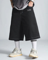 Threebooy Harajuku Embroidery Pattern Hip Hop Retro Black Gym Basketball Shorts Sweatpants Y2k Shorts Men Fashion Denim Shorts Streetwear