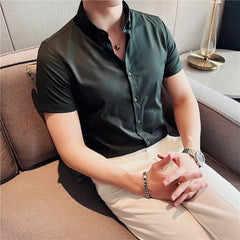 Threebooy Summer Hipster Design Lapel Shirt for Men Casual Stripe Cotton Soft Slim Fit Short Sleeve Grey Black Tuxedo Shirts S-4XL