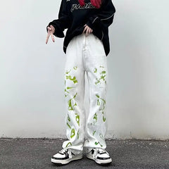 Threebooy Vibe Style Pants Graffiti Tie-dye Printed Jeans Men and Women Straight Trousers