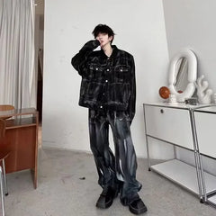 Threebooy Retro Niche High-end Washed Denim Splatter Suit Men's Jacket Long Pants Two-piece Set
