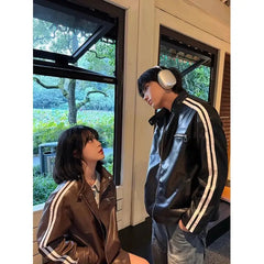 Threebooy Retro High Street Striped PU Leather Jacket Korean Fashion New Zipper Jackets for Men Harajuku Long Sleeve Coats Streetwear
