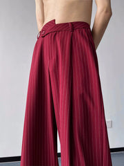 Threebooy Men's Fashion Trend High Quality Casual Pants Striped Printing Ice Silk Fabric Red/Black Color Loose Suit Pants M-2XL