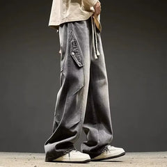 Threebooy Korean High Street Retro Men'S Jeans Pleated Patchwork Paratroopers Autumn And Winter Loose Casual Straight Leg Pants