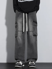 Threebooy New Men's Baggy Straight Cargo Jeans Elastic Waist Vintage Blue Black Smoky gray Denim Pants Fashion High Street Male Trousers