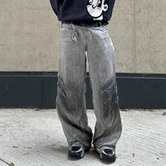 Threebooy American High Street Hip Hop Scratched Tie Dye Wide Leg Pants Mens Distressed Heavy Industry Streetwear Jeans Versatile Pants