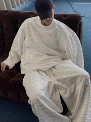 Threebooy Kpop Tracksuit Retro Loose Three-dimensional Set Ethnic Jacquard Milk White Sports Suit American Casual High-end Wear