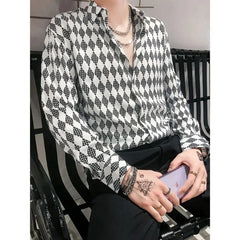 Threebooy Spring Autumn Fashion Pure Cotton Turn-down Collar Long Sleeve Diamond Check Blouse Men's Clothing Trend Button Vintage Shirts