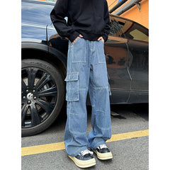 Threebooy Spring New Men Cargo Jeans Baggy American High Street Multi-pocket Youth Overalls Fashion Streetwear Vintage Wide Leg Pants
