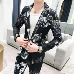 Threebooy (Jackets+Pants) Men's Spring Printed Business Blazers/Male Slim Fit Casual Suit of Two Pieces Groom's Wedding Dress S-3XL