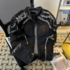 Threebooy Spring Autumn Jeans Coat American Retro Old Concave Embossed Shoulder Pad Denim Jacket Boys Washing with Breasts Dirty Coats Men