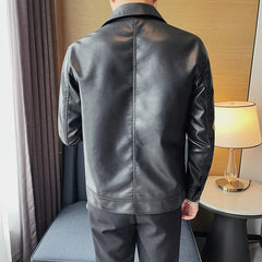Threebooy Mens Fashion Leather Jacket Slim Fit Stand Collar PU Jacket Male Anti-wind Motorcycle Zipper Jackets Men 4XL-M