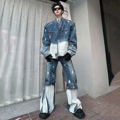 Threebooy Men's New 2-Piece Bleached Faded Denim Set