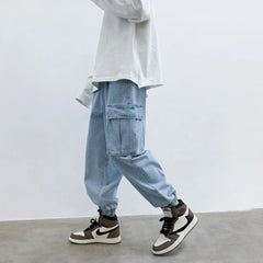 Threebooy Men's Loose Big Pocket Wash Jeans Fashion Trend Casual Pants Blue/black Baggy Homme Trousers Big Size M-5XL