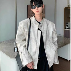 Threebooy 90s Streetwear Autumn Standing Collar Motorcycle Leather Jacket Men's Loose Short Shoulder Padded American Retro PU Jacket Jacket