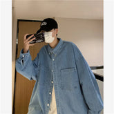Threebooy Autumn ins high street cowboy shirt men's design inside couple simple long sleeve outside Lapel shirt Denim camisa jeans
