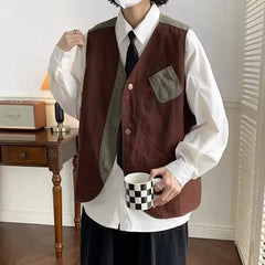 Threebooy Japanese Trendy Couple Loose Jacket Retro Interface Bag Work Vest Sleeveless V-neck Vest Handsome Cardigan Aesthetic Urban Chic