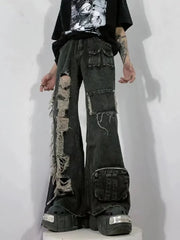 Threebooy Heavy-wash Distressed Multi-pocket Straight-leg Jeans American Retro Street Wide Leg Jeans Harajuku Style Hip Hop Trousers