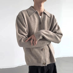 Threebooy New Korean Fashion Men Cardigan Jacket Light Luxury Knitted Polo Neck Long Sleeve Sweater Coat Casual Retro Solid Color Knitwear