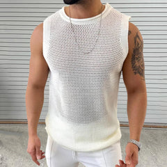 Threebooy Mens Hollow Knitted Sports Fitness Vest Casual Breathable Personality Fashion All-Match Solid Color Sleeveless Tank Top Summer