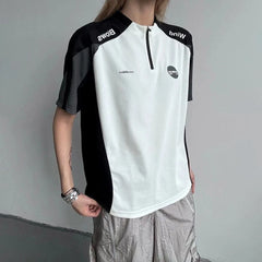 Threebooy Half Zip Contrast Color Stitching Short Sleeves Unisex Summer New Outdoor Sports Jersey American Street Trend Y2k T-Shirt
