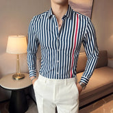 Threebooy Men High Quality Stripe Long Sleeve Solid Color Formal Business Shirt Slim Brand Male Social Turn Down Dress Blouses S-4XL