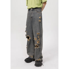Threebooy 2024 Summer New Korean Edition Personalized Straight Barrel Broken Hole Beggar Casual Jeans men's for Men streetwear
