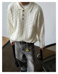 Threebooy Winter Koran Fashion Polo Neck Button Sweaters Business Casual Striped Jacquard Knitted Pullovers High Street Y2K Knitwear