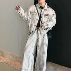 Threebooy Mens Denim Sets Y2k Tie-Dye Jacket Trousers Spring Streetwear Fashion Trends Youth Campus Performance Sets Men'S Clothing