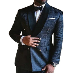 Threebooy Elegant Jacquard Men Suits Black Fashion Party Prom Banquet Suit Shawl Lapel Double Breasted Floral Wedding Tuxedo Two Piece