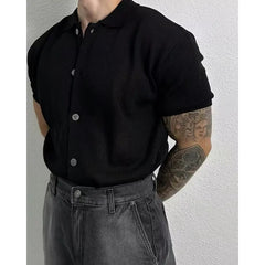 Threebooy Korean Style Short Sleeve Polo Shirt Men's Casual Loose Knitted Button Cardigan Summer New Fashion Urban Fashion Polyester Fiber