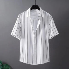 Threebooy Korean Fashion Youth Summer New Shirts Men's Polo Collar Striped Single Breasted Trend Versatile Casual Loose Short Sleeve Tops