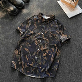 Threebooy Men Summer Ice Silk Printed Short Sleeve Shirt Breathable Casual Button-Down Top Abstract Floral Pattern Shirts