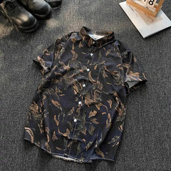 Threebooy Men Summer Ice Silk Printed Short Sleeve Shirt Breathable Casual Button-Down Top Abstract Floral Pattern Shirts
