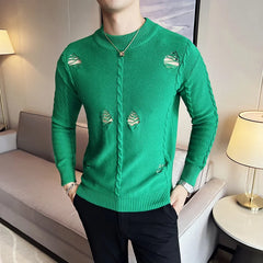 Threebooy Men's Winter High Quality Hole Decoration Casual Knitting Sweater Men Slim Fit Pullover Streetwear Basic Color Sweater 4XL