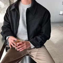 Threebooy Trendy Vintage Versatile Cropped Lapel Jacket Zipper Up Casual Style Niche American Style Jacket For Men Fashionable Spring Autu