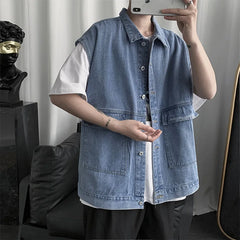 Threebooy Men's Spring Autumn Strapless Denim Jacket Korean Fashion Loose Sleeveless Work Cowboy Vest