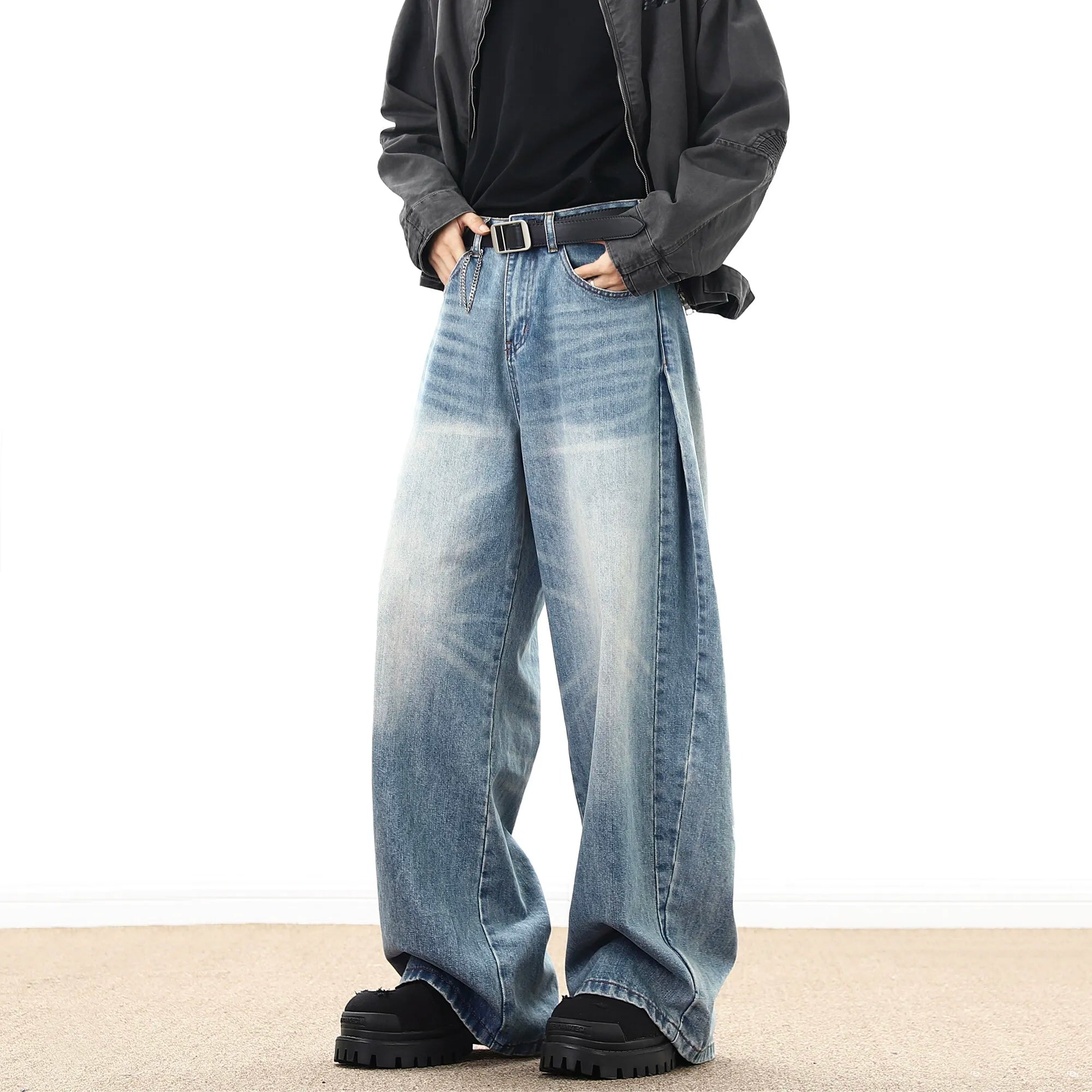 Threebooy American Style Vintage Casual Wide-leg Mopping Jeans Men Loose Denim Trousers Neutral Jeans Streetwear Men Women Jeans Pants