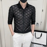Threebooy High Quality for Men Lace Hollow Out Shirts/Male Slim Fit Lapel Casual Business Sexy Long Sleeve Shirts Plus Size S-4XL