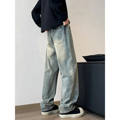 Threebooy Men's Jeans Elastic waist pull rope Korean Fashion Spring Straight Denim Pants Washed Cotton Retro Wide Leg Jean Trousers