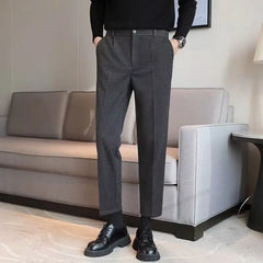 Threebooy Autumn Winter Woolen Casual Pants Straight Trousers Men's Slim-fitting Nine-point Suit Pants Mid-high Waist Suit Pants