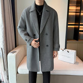 Threebooy 2025 New Mens Wool Blend Overcoat Loose Fit Turn Down Collar Mid Long Top Grade Male Outerwear Taupe Color