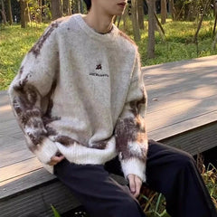Threebooy Mens Sweater Tie-Dye Contrast Color Knitted Sweater Streetwear Youth Campus Casual All-Match Long-Sleeve Top Men'S Clothing