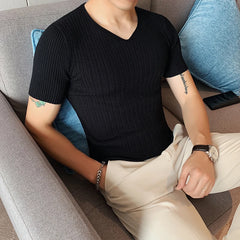Threebooy Brand Clothing Men's Summer Leisure Short T-Shirts/Male High-Grade Knitting V-Neck Fahion T-Shirts Plus Size S-4XL