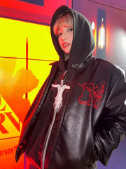 Threebooy New Jackets for Men Y2k Hip Hop Gothic Retro Zipper Hoodie PU Leather Jacket Harajuku Men Clothing Stitching Jackets Streetwear
