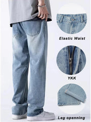 Threebooy Spring Autumn Men's Jeans Straight Denim Pants Banding Waist Cotton Streetwear Wide Leg Loose Casual Blue Long Jeans Trousers