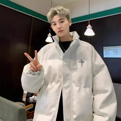 Threebooy 90s 00s Streetwear American Style Trendy PU Leather Cotton-Padded Coat Men's Winter Stand Collar Puffer Jacket Loose Fit Casual