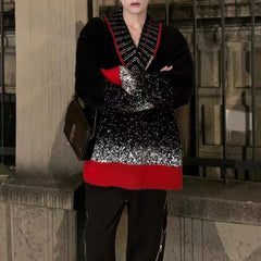 Threebooy Unisex Black And Red Gradient V-Neck Sweater Jacket Autumn And Winter New Y2k Harajuku Style Loose Personality Fashion Trend
