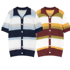Threebooy Men Hollow Out Knit Cardigan Shirt Striped Pattern Cuban Collar Loose Fit Short Sleeve Casual Tops Summer New