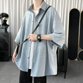Threebooy Summer Cool Men Short-sleeved Shirt Solid Color Fashion Plicated Casual Loose Button Shirt Male Clothing Tops